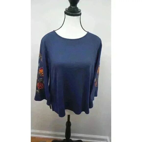Alfred Dunner Tops - Alfred Dunner Petites Embroidered Bell Sleeves Knit Top - PM Size, Navy Blue